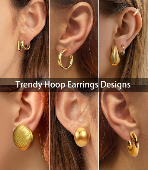 LIGHTWEIGHT Gold Earrings Hoops Set 9 Pairs 14k Gold Plated Hoop Earrings for Women - Hypoallergenic, Abstract Statement Huggie Hoops, light weigh...