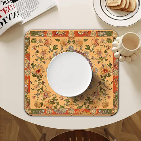 Boho Floral Sun Dish Drying Mat - Retro Boho Floral Sun and Moon Absorbent Dish Drying Mat for Kitchen Counter, Coffee Maker Mat for Countertops, ...