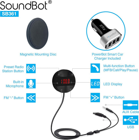 SoundBot SB361 FM Radio Wireless Car Kit Universal Receiver Transmitter Accessory Full Spectrum HD Music Streaming Hands Free Talking LED Display ...