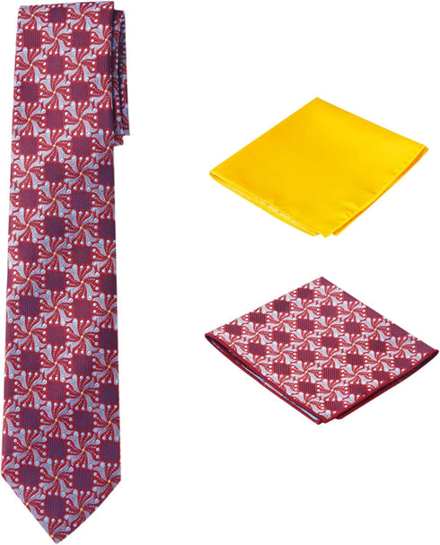 Men's Woven Medallion Regular Length Neck Tie with 2 Handkerchief Pocket Squares Hanky Set - Red Navy Gold...