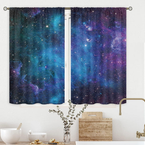 Cinbloo Galaxy Kitchen Curtains Out Space Wall Art Rod Pocket 27.5W x 39L Inch Blue Nebula Universe Room Decor Starry Star Fantasy Night Sky Print...