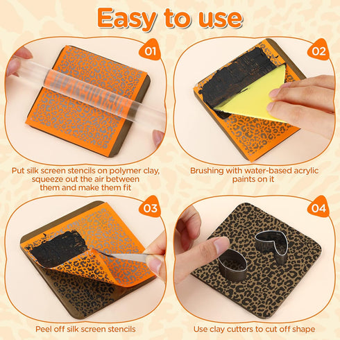 RUMIA 6 Pcs Silk Screen Stencils for Polymer Clay Reusable Animal Print Leopard Silk Screen Stencils for Printing on Clay Earrings Jewelry Decorat...