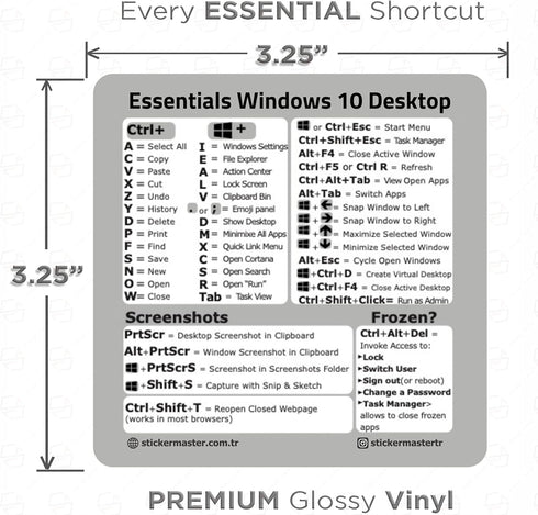 Sticker Master Windows 10/11 Reference Keyboard Shortcut Sticker - Clear Vinyl no-Residue Adhesive, for Any PC Laptop or Desktop...