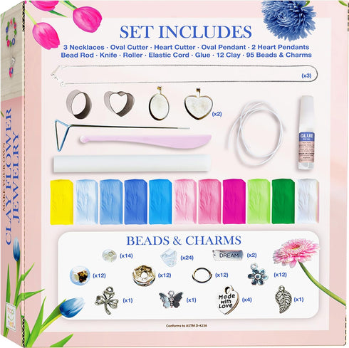 Hapinest Clay Flower Jewelry Crafting Kit - 120 PCs with Sculpting Tools, Beads, Charms, 11 Clay Colors - Create 3 Flower Friendship Bracelets and...