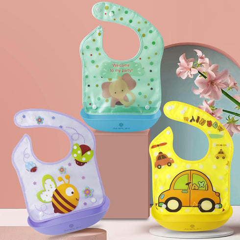 Amplim Baby Feeding Bib (3-Pack) Toddler/Baby Bibs for Eating. Waterproof, Adjustable, Lightweight. Eco-friendly PEVA material. BPA, Lead, Phthala...