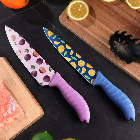 HAUSHOF Kitchen Knife Set, 12-Piece Colorful Knives Set with 6 Sheaths, Non-Stick Coated Stainless Steel Fruit Pattern Blades for Slicing, Dicing&...