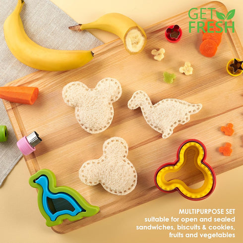GET FRESH Sandwich Cutters and Sealers for Children – 17-pcs Stainless Steel Sandwich Sealers and Veggie Cutters for Kids – Dino Mouse Metal Bread...
