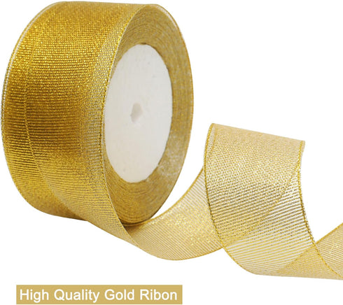 50 Yards Gold Glitter Ribbon 1 1/2 Inch, Sparkly Width Solid Fabric Ribbon for Gift Wrapping, Crafts, Holiday Wedding Birthday Party Decoration Fl...