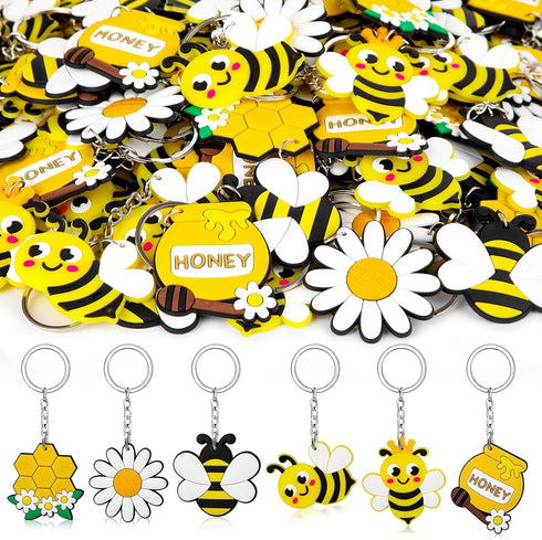 ZAUGONTW 48 Pcs Bee Keychain, Bee Party Favors Bee Decorations, Flower Honey Pots Bees Decor for Bee Theme Party Baby Shower Kids Birthday Supplie...