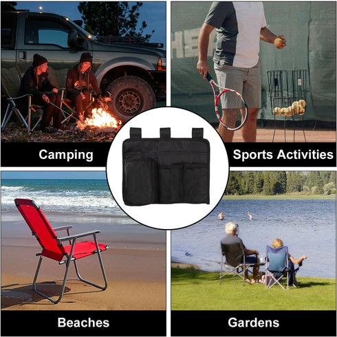 Beach Chair Cup Holder Attachment, Black Nylon Beach Chair Drink Bracket 4 Pockets Hanging Cup Holder Stand Adjustable Strap Phone Holder for Pati...