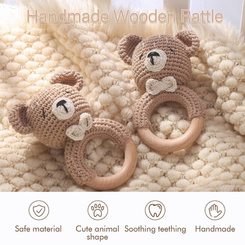 Wooden Baby Rattle Toddler Lovely Crochet Kahki Bear Ring Rattle, Newborn Animal Rattle Toys, Baby Toys for Baby and Infant Baby Soothing Toy...