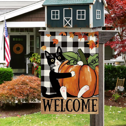 Welcome Fall Cat Garden Flag Tuxedo Cat Pumpkins Maple Leaves Flag 12×18 Inch Double Sided Buffalo Plaid Farmhouse Yard Flag Thanksgiving Holiday ...