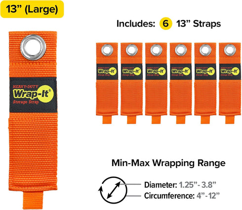 Heavy-Duty Wrap-It Storage Straps - 13-inch (6-Pack) Blaze Orange - Garage Organizer and Extension Cord Hanger for Garage Gadgets...