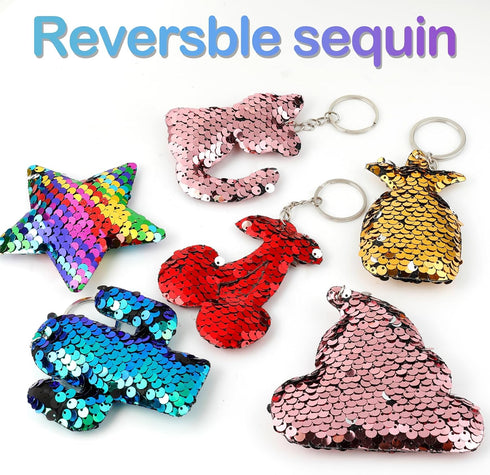 Outee Sequin Keychain 15 Pcs Flip Sequin Keychain for Mermaid Tail Clover Cat Animals Shape Christmas Gift Party Favors for Kids Adults Party Favo...
