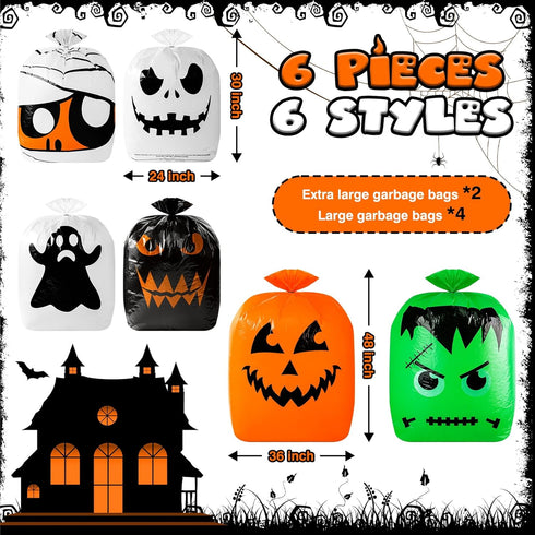 6 Pcs Halloween Pumpkin Leaf Bags, Halloween Pumpkin Trash Bags with Twist Tie, Fall Yard Trash Bags Yard Waste Bags Halloween Goodie Bags for Hal...