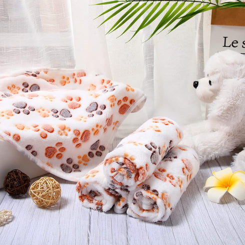 4 Pcs Pet Blanket Dog Puppy Blanket Paw Print Fleece Blanket for Small Medium Pet Dog Cat Warm Soft Sleep Mat Guinea Pig Cage Liners Blanket (Whit...