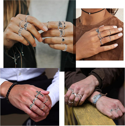 PANTIDE Vintage Punk Rings Set Gothic Knuckle Midi Rings Adjustable Alloy Chain Belt Cross Stackable Finger Half Open Rings Fashion Joint Jewelry ...