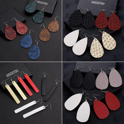 AIDSOTOU 24 Pairs Teardrop Faux Leather Earrings Set for Teens Girls Women Black and Red Animal Floral Print Leopard Print Lightweight Leather Dan...
