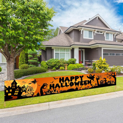 Avezano Happy Halloween Banner Large 98.4 x19.6 Inch Yard Sign Banner Black and Orange Halloween Party Decorations Welcome Hanging Flag Outdoor Fe...