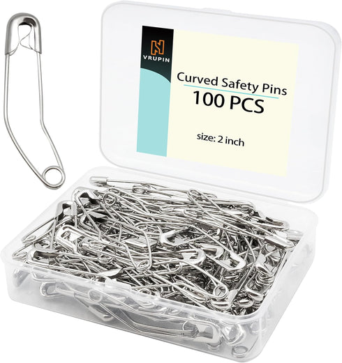 vrupin 100pcs Stainless Steel Curved Safety Pins for Quilting, Safety Pins Bulk Metal Silver Sewing Pins Clothing Clips Tool Decorative Safety pin...