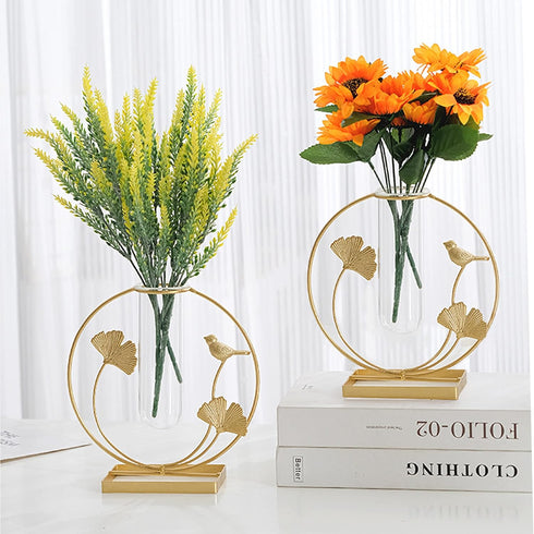 Home Decor Gold Flower Vase, Desktop Glass Vase with Gold Metal Ginkgo Leaf Stand, Hydroponics Plant Propagation Stations,Decorations for Living R...