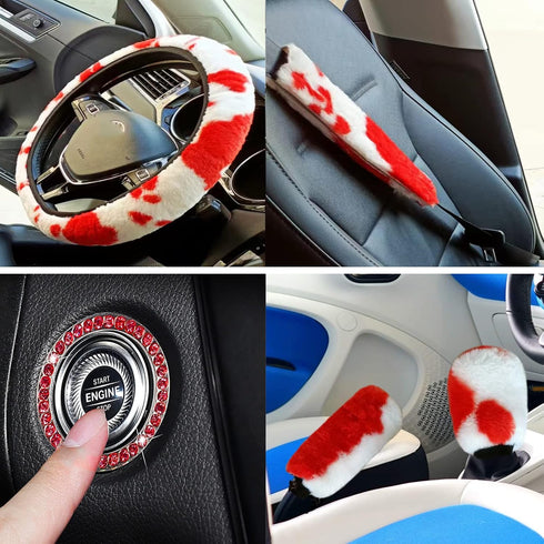 9 Pack Fluffy Cow Print Steering Wheel Cover for Women,ZXGHIJJ Cute Cow Plush Steering Wheel Cover Soft & Warm Fuzzy Steering Wheel Cover Set with...