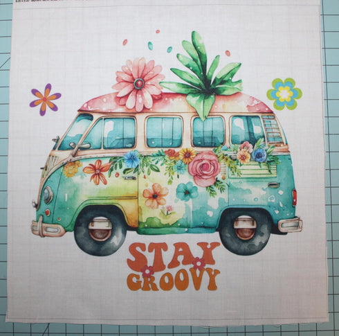 Fabric Panel 14"x14" Hippie Van Stay Groovy 100% Cotton Quilting Panel Square AM1448...