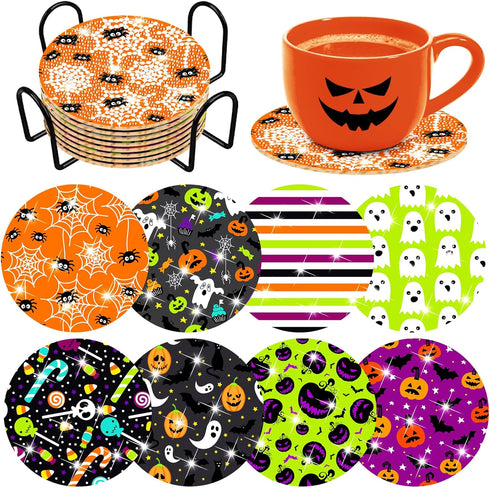8 Pcs Halloween Diamond Art Coasters Kit with Holder Halloween Pumpkin Ghost Bat Diamond Art Coasters for Adults Diamond Art Kit Supplies for Hall...