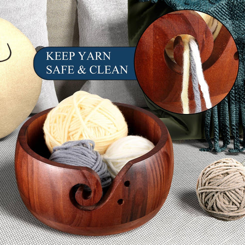 Udefineit Wooden Yarn Bowl Holder for Crocheting, 6.3x3.3" Craft Knitting Bowl with Holes, Handmade Wood Yarn Storage Bowl, Yarn Holder Dispenser ...