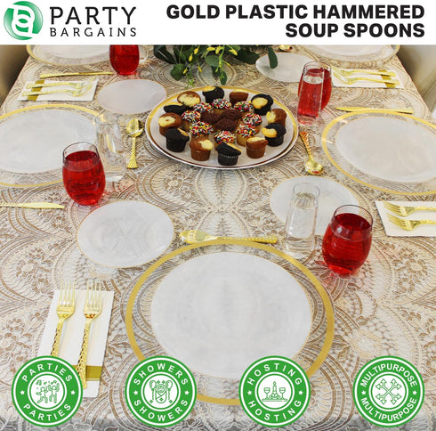 Party Bargains Disposable Hammered Cutlery Soup Spoons, 40 Count, Gold, Heavy Duty Plastic Flatware Cutlery Utensils, Excellent for Weddings, Birt...