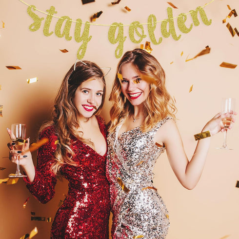 Stay Golden Glitter Gold Banner, Golden Birthday Banner, Golden Girls Party Decorations(Gold)...