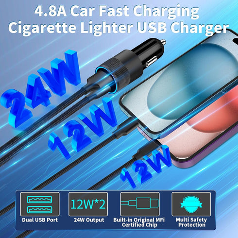 USB Car Charger, Rombica 3Pack 4.8A USB Car Charger Fast Charging Adapter, Dual USB Car Power Cigarette Lighter Charger for iPhone 15 14 13 12 11 ...