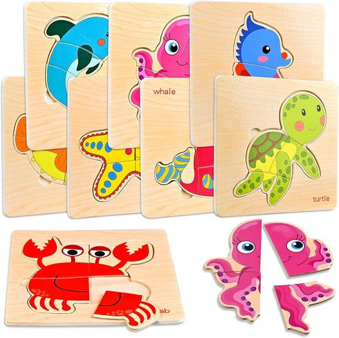8pcs Wooden Puzzles for Toddlers 1-3, Toddler Puzzles Ages 2-4, Montessori Toys for 1-3+ Years Girl Boy, Sea Animal Puzzle for Kids, Jigsaw Puzzle...