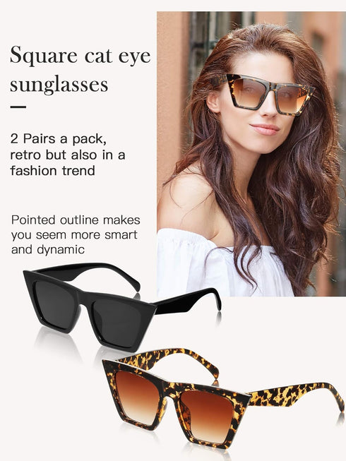 2 Pair Vintage Square Cat Eye Sunglasses Women Retro Trendy Cateye Sunglasses...