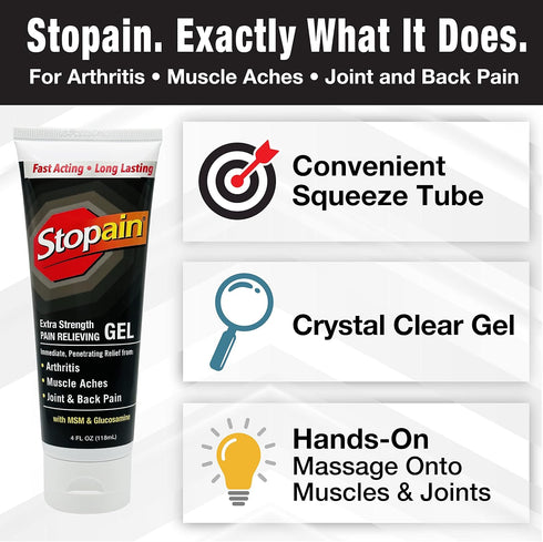 Stopain Pain Relief Gel 4oz USA Made, Max Strength Fast Acting with MSM, Glucosamine, Menthol for Lower Back Sciatica, Knee, Neck, HSA FSA Approve...