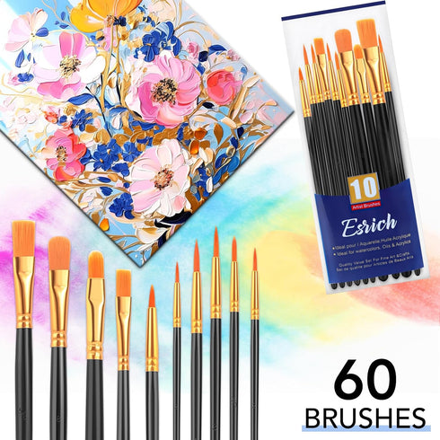 ESRICH Acrylic Brush Set, 6Packs/ 60Pcs Nylon Hair Miniature Brush Paint Brushes, for Acrylic Painting, Face, Body and Oil Watercolor Painting Art...