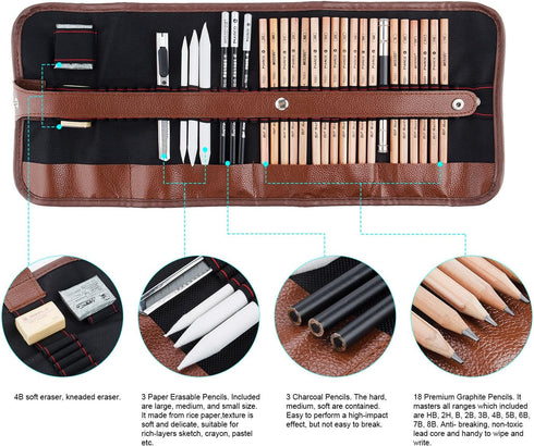 29 Pieces Professional Sketching & Drawing Art Tool Kit With Graphite Pencils, Charcoal Pencils, Paper Erasable Pen, Craft Knife-Lightwish (withou...