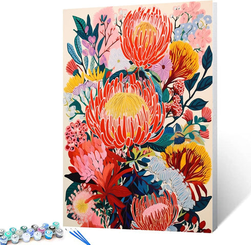 Paint by Number Bright Colors Flowers DIY Floral Explosions Stamen Painting on Canvas with Brushes Acrylic Paints Floral Leaves Paint by Numbers f...