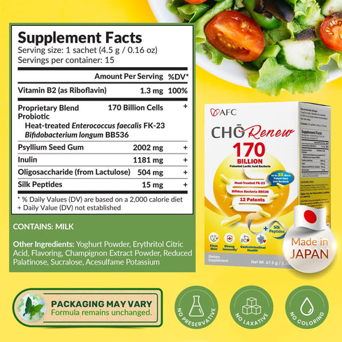 AFC Japan Cho Renew -170 Billions Patented Probiotics, 3X More Effective, with Silk Peptide & Fiber, for Clearer Skin, Stomach Acid Resistant, No ...