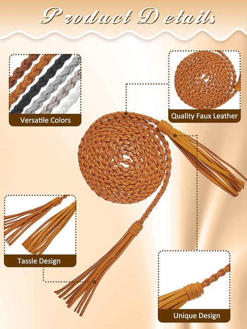 Geyoga 6 Pieces Women's Waist Belt Braided Woven Tassels Chain Belt PU Leather Rope Belt Skinny Tie Belt Boho Fringe Belt for Skirt Dress...