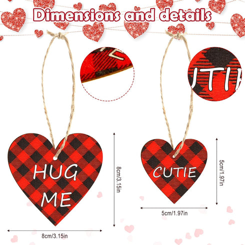 24 Pieces Valentine's Decorations for Tree Heart Shaped Wooden Ornaments Buffalo Check Plaid Wooden Embellishments Red Black Hanging Crafts Wood H...