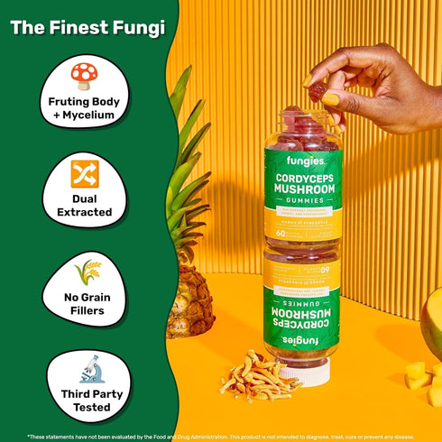 Cordyceps Mushroom Gummies for Adults | Mango & Pineapple | 60 Servings | Mushroom Energy Gummies for Focus | Super Mushroom Daily Gummies for Ath...