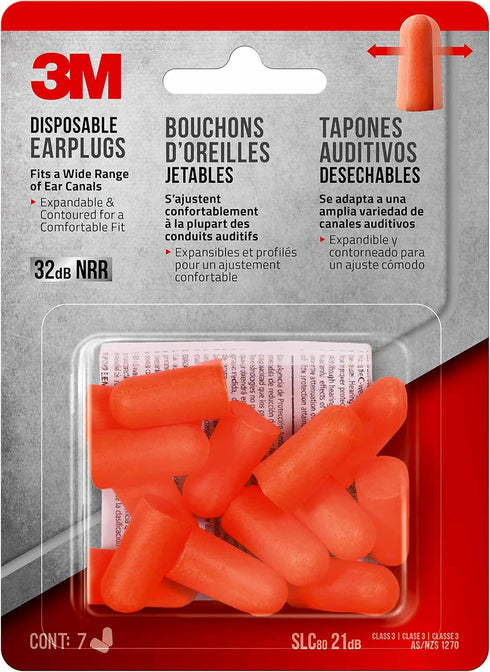 3M Disposable Earplugs, 7 Pairs (14 Total Plugs), Noise Reduction Rating (NRR) 32 dB, Easy To Insert & Remove, Expandable & Contoured For Comforta...