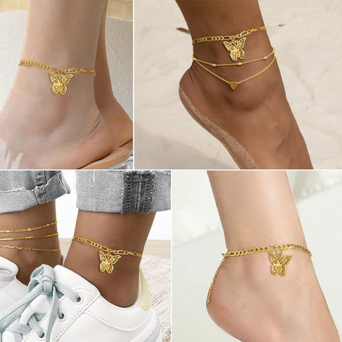 GOLDCHIC JEWELRY Gold Butterfly Anklets for Women,Cute Figaro Chain Ankle Bracelets Foot Chains 8.5+2 Inches...