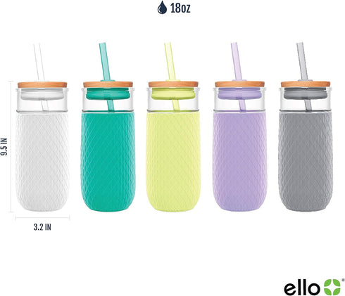 Ello Devon 18oz Glass Tumbler with Straw, Friction Fit Bamboo Wood Lid and Silicone Sleeve | Perfect for Iced Coffee, Tea, Matcha and Smoothies...