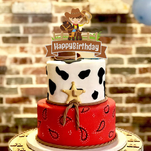 Glitter Cowboy Happy Birthday Cake Topper,Wild West Cowboy Cake Decor, Western Themed Party Decorations for Boys Girls and Kids Birthday or Baby S...