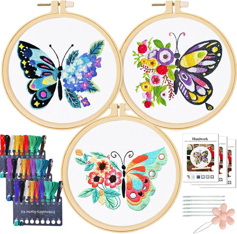 MRHMX ART Embroidery Kit Butterfly Flower Pattern 3 Sets for Beginners,Stamped Cross Stitch kits for Adult,Hand Cross Stitch Kits Women with Embro...