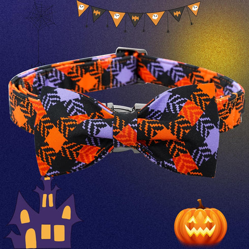 Halloween Dog Collar, Pet Collar Dog Bow Plaid Dog Collar Girl Boy Holiday Pet Dog Collar Gift Bow Dog Collar Cute Soft Puppy Collar for Large Dog...