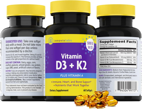 InnovixLabs Vitamin D3 K2-5000 IU Vitamin D3 plus 600 mcg Vitamin K2 MK4 and MK7 for Max Calcium Absorption, Supports Bone, Immune, Heart Health, ...