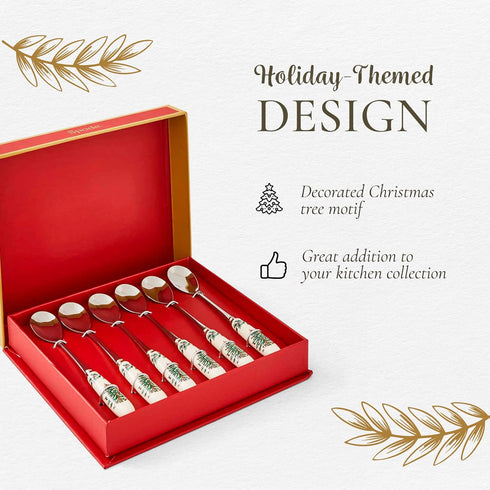 Spode Christmas Tree Teaspoons - Set of 6, Holiday Silverware for Desserts and Beverages, Stainless Steel Flatware with Porcelain Handles, 6-Inch ...